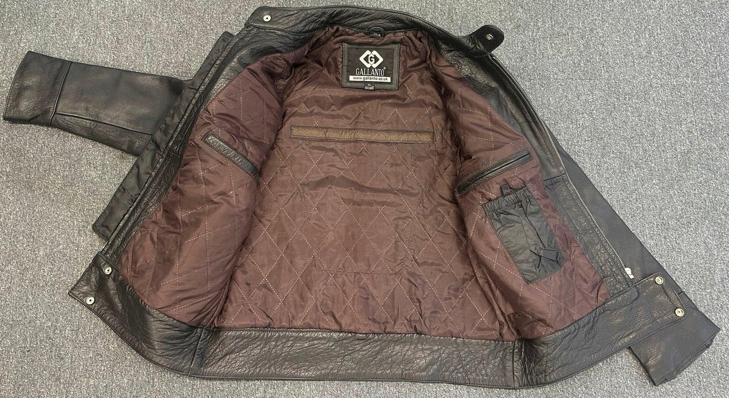 classic cafe racer black biker leather jacket with brown stripes xl -