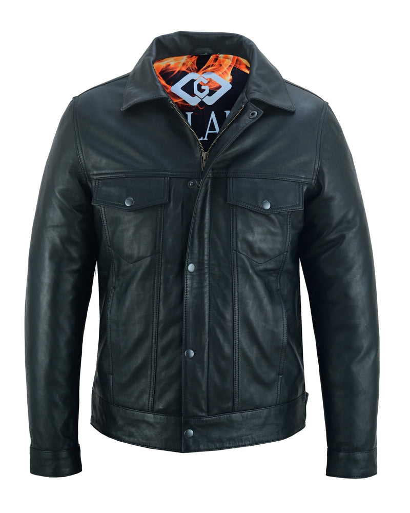 Fernando 's Classic Mens Black Leather Trucker Jacket with Zip and Snaps -