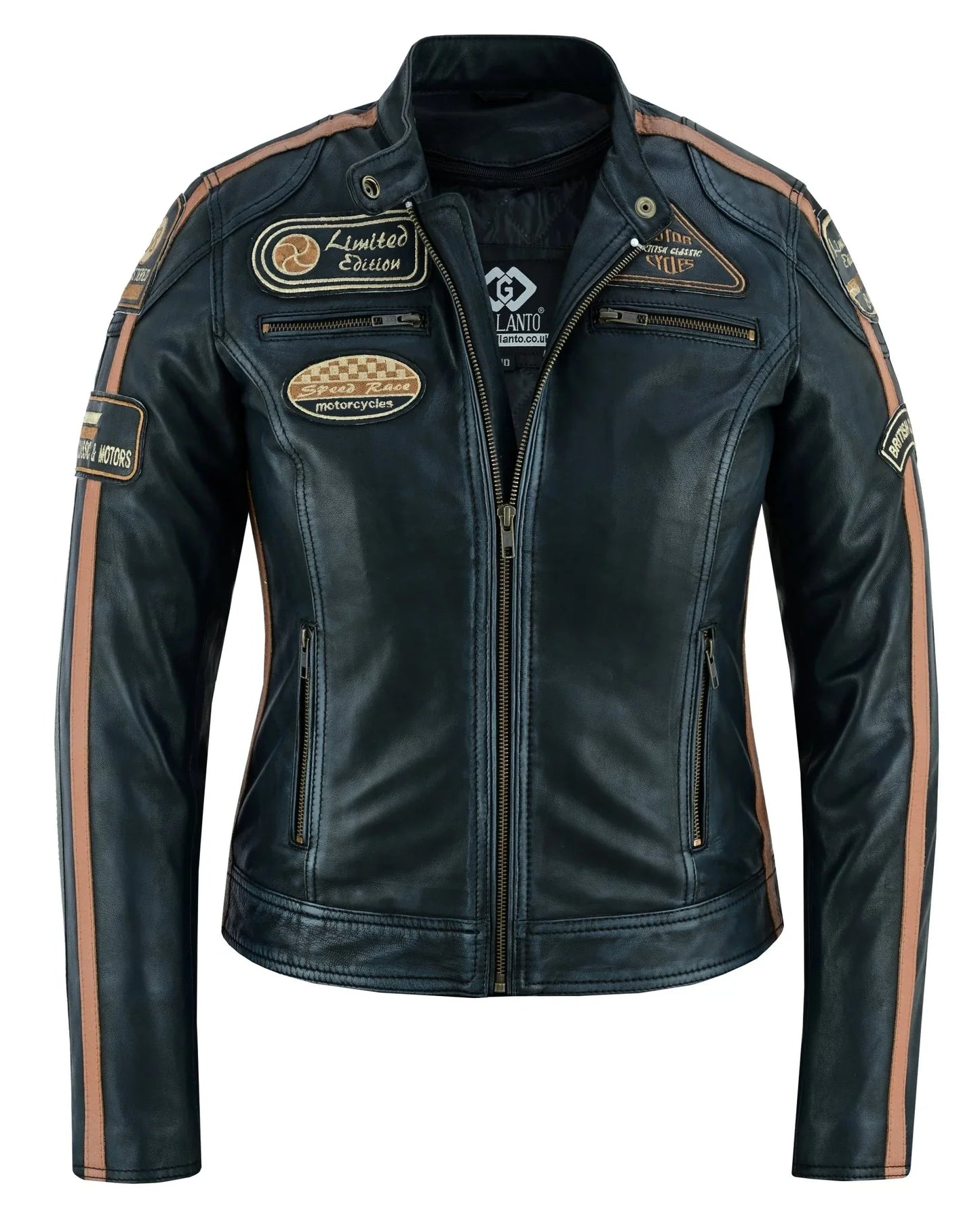 gallanto women's fashion black leather biker style jacket with badges -