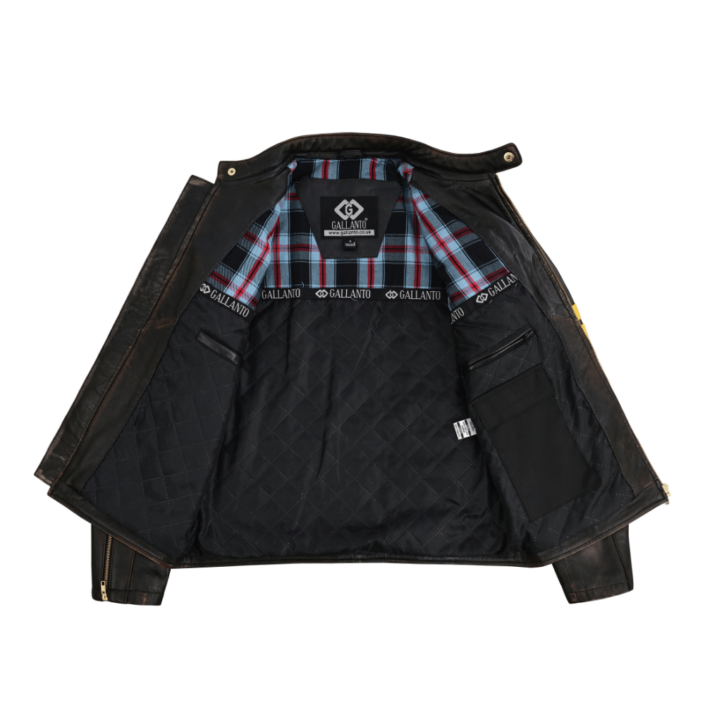 men's gallanto distressed antique leather cafe racer jacket – genuine motorcycle biker coat with yellow racing stripes -