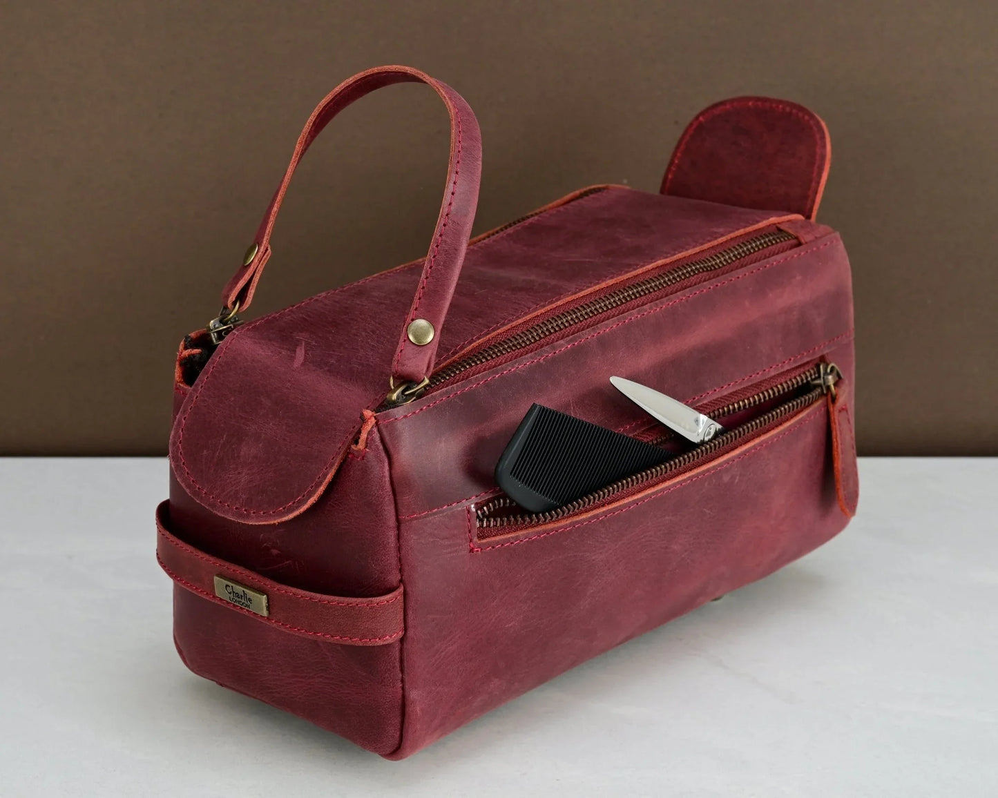 premium cowhide leather toiletry bag travel dopp kit distressed maroon -