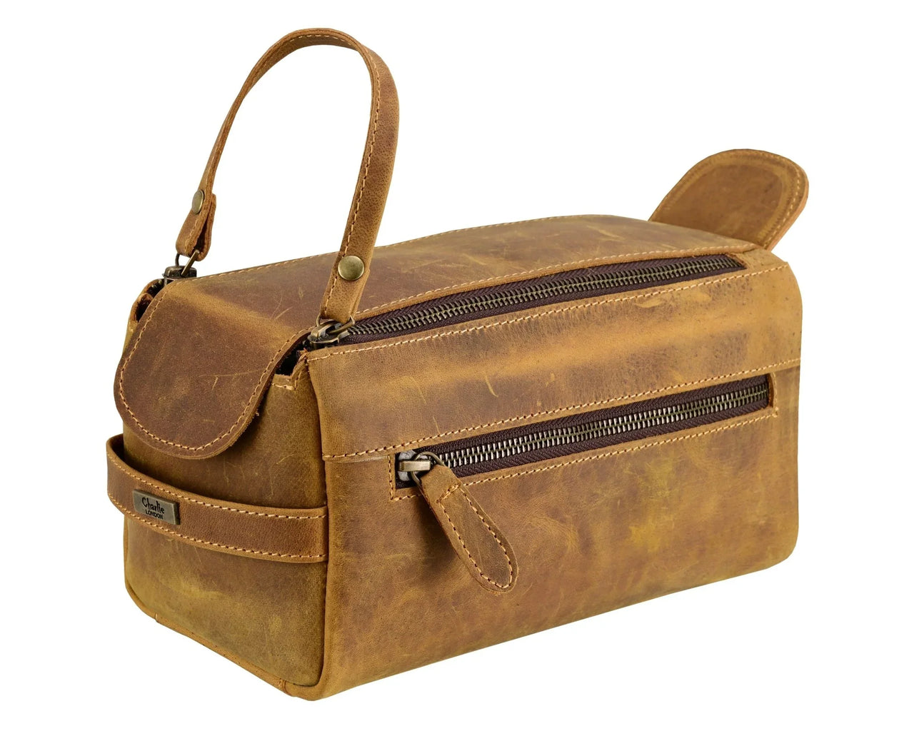 Premium Cowhide Leather Toiletry Bag Travel Dopp Kit Distressed Tan -