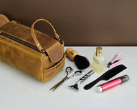 Premium Cowhide Leather Toiletry Bag Travel Dopp Kit Distressed Tan -