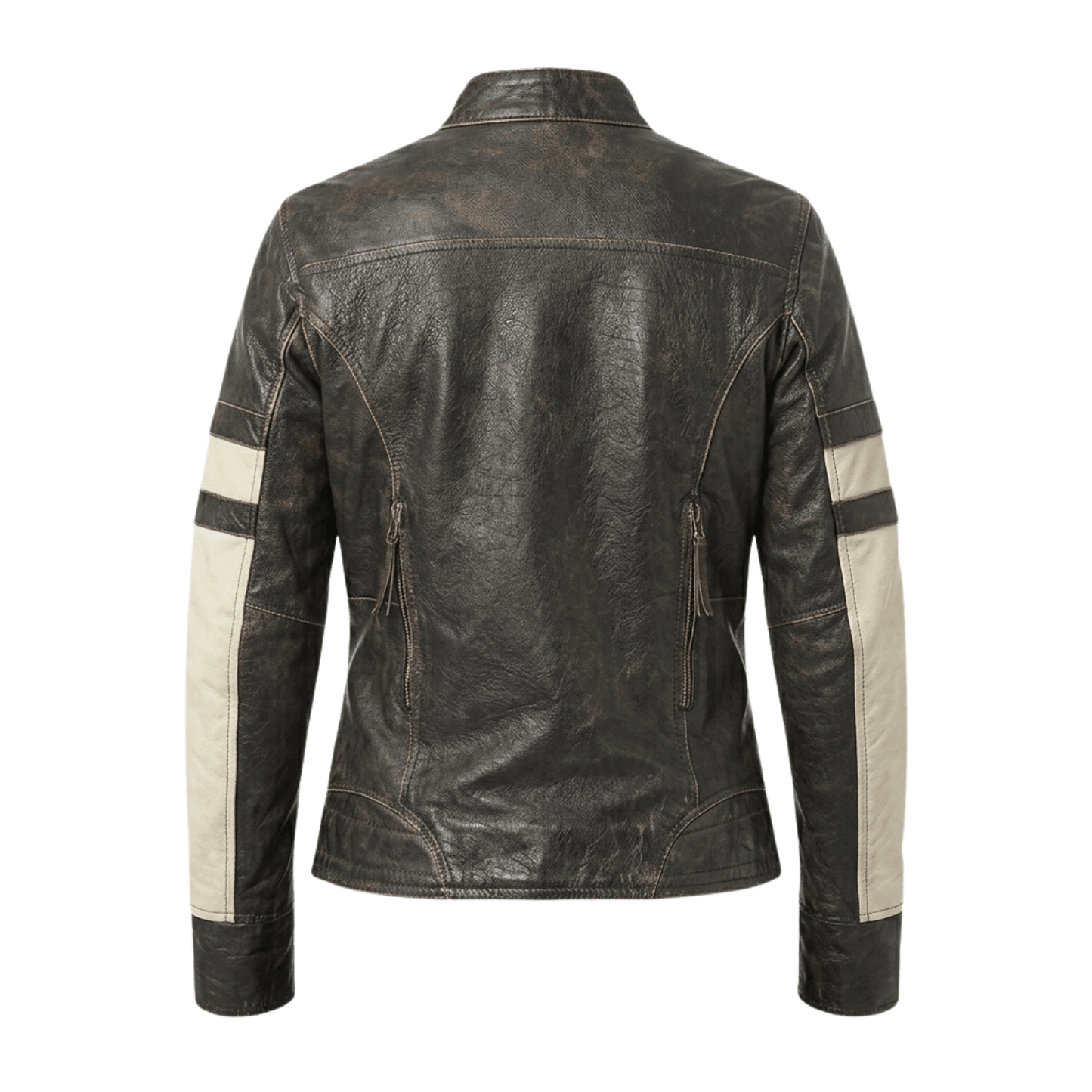vintage distressed black leather cafe racer jacket with cream stripes -