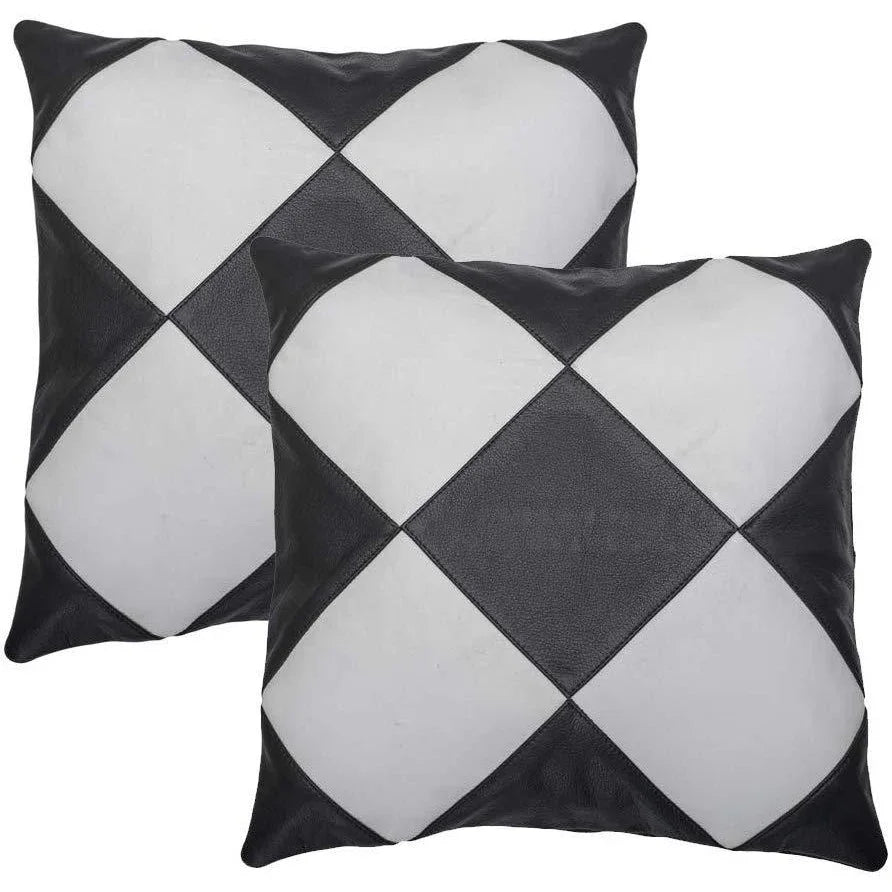 2 x black & white diamonds original leather cushion covers -