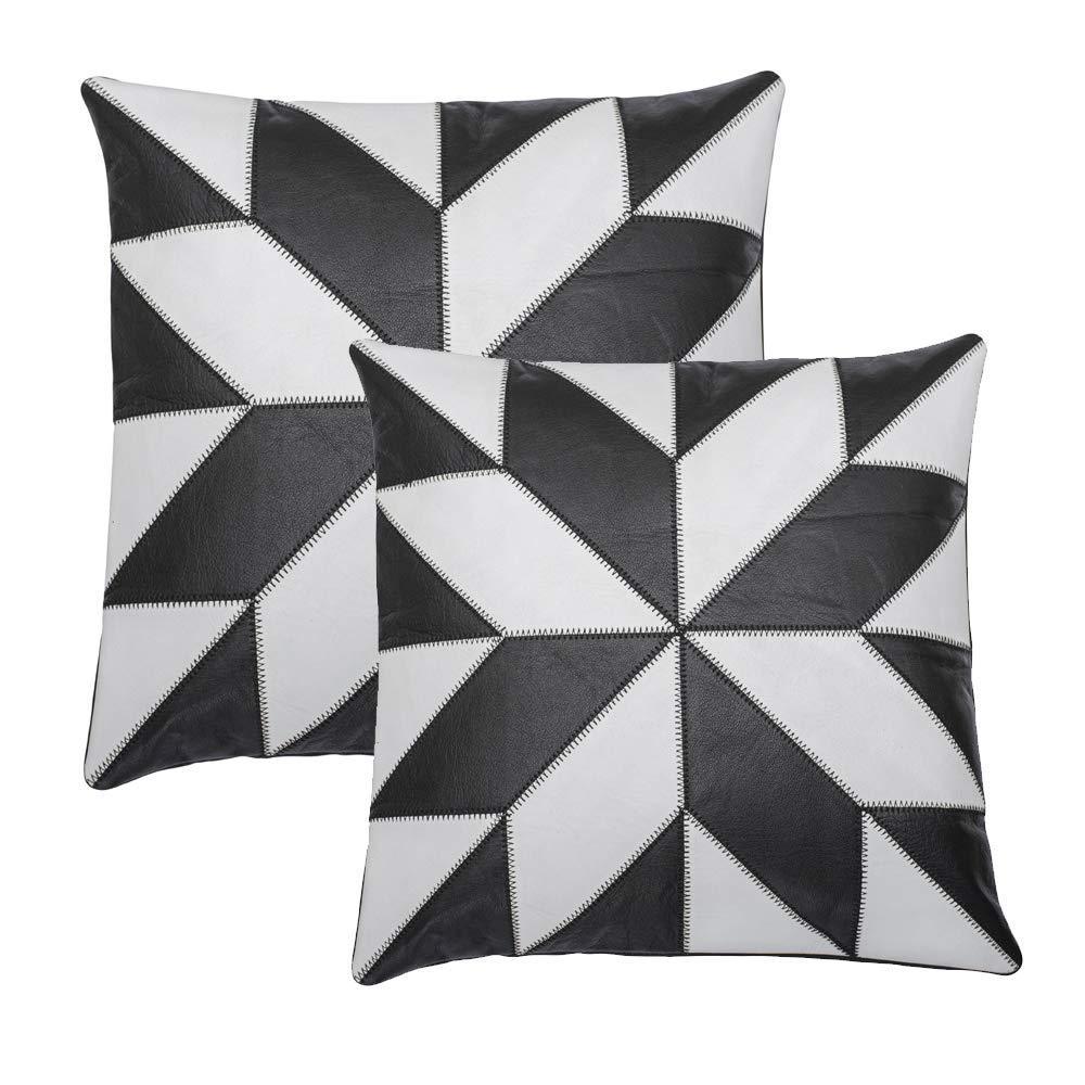 2 x black & white flower original leather cushion covers -