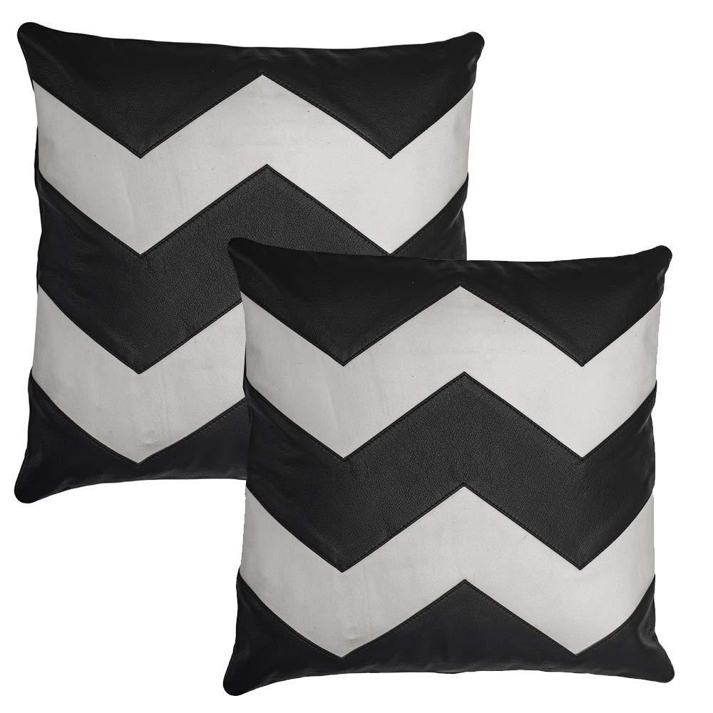 2 x black & white zig zag original leather cushion covers -