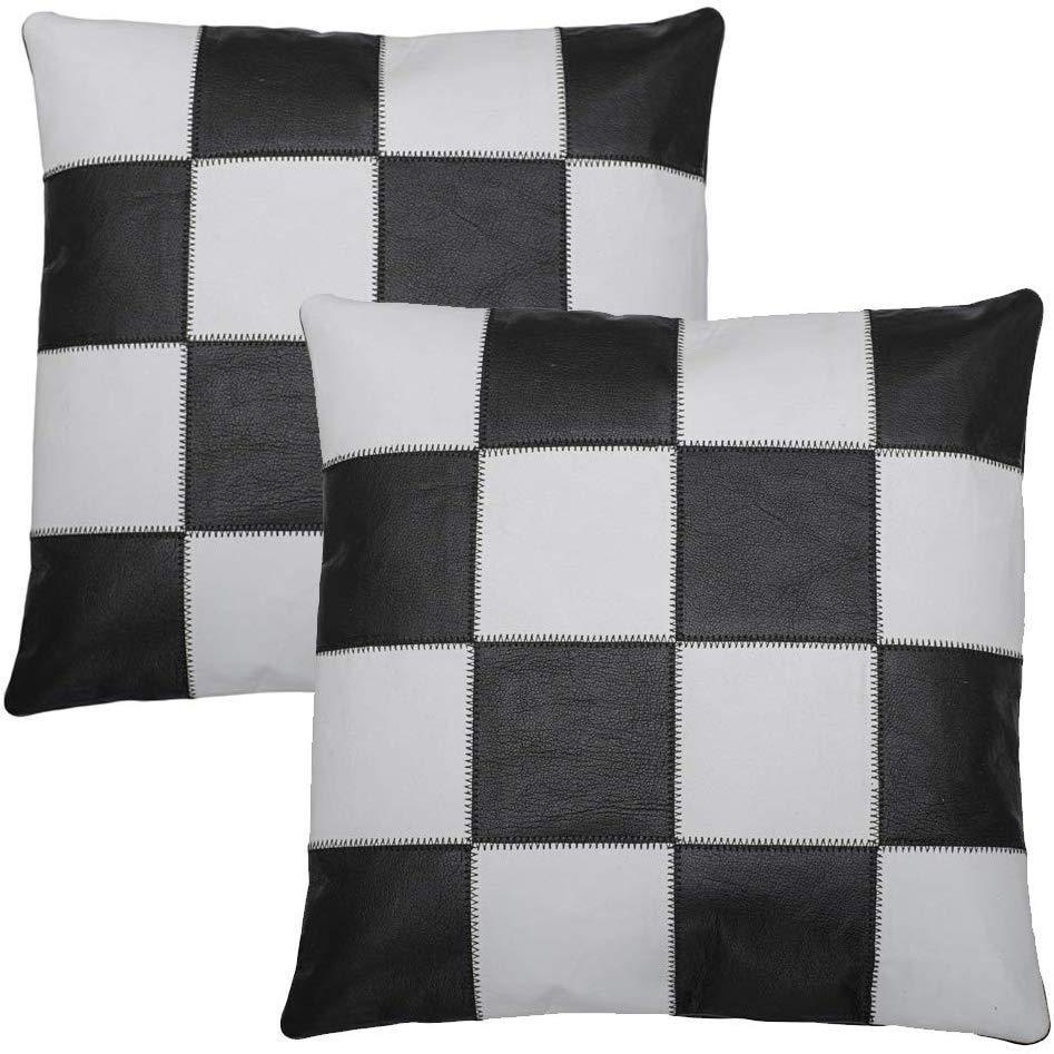 2 x chequered boxed original leather cushion covers -