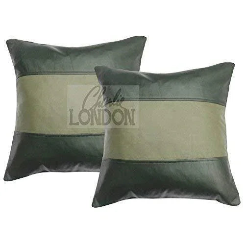 2 x light green & dark green stripe original leather cushion covers -