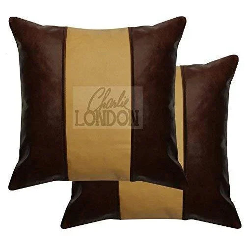2 x ochre brown & vintage brown stripe original leather cushion covers -