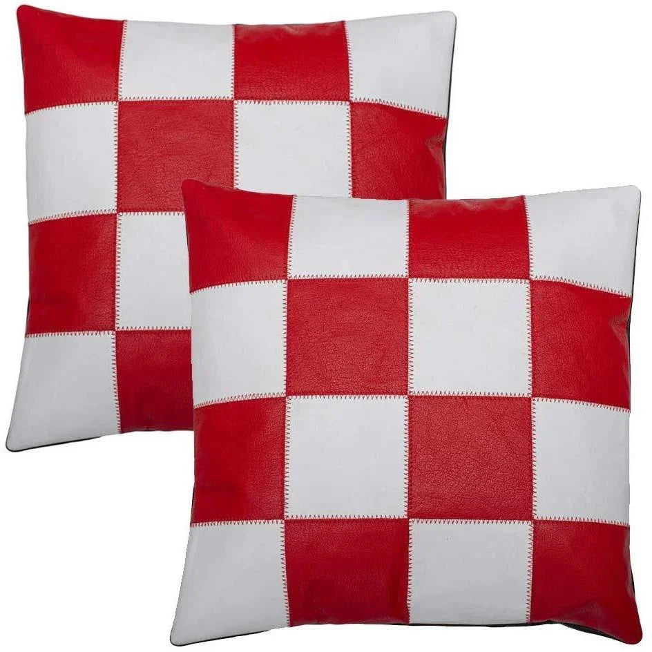 2 x white & red chequered boxed original leather cushion covers -