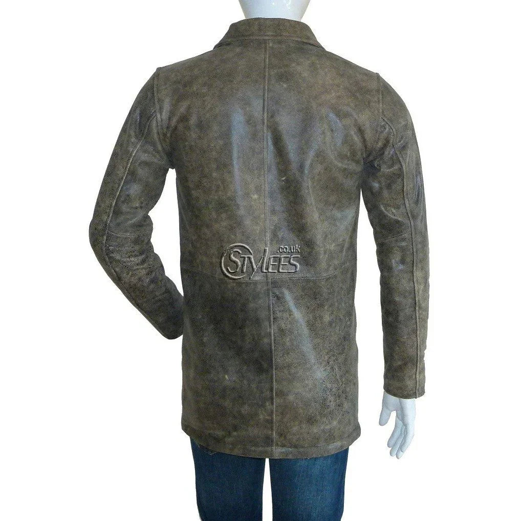 distressed supernatural stone grey leather coat -