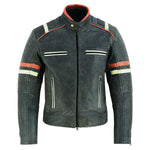 Men’s Distressed Orange & Creme Stripes Motorcycle Leather Jacket -