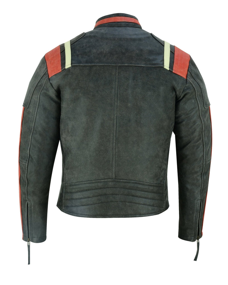 Men’s Distressed Orange Striped Motorcycle Cowhide Leather Jacket -