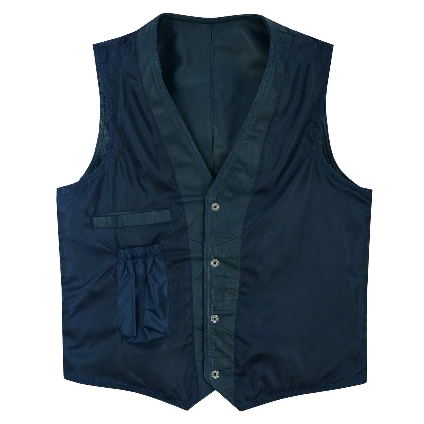 mens navy blue leather waistcoat vest with snap button -