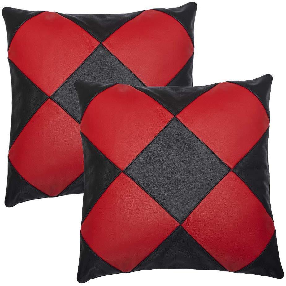 pair of black & red diamond design leather cushion covers -