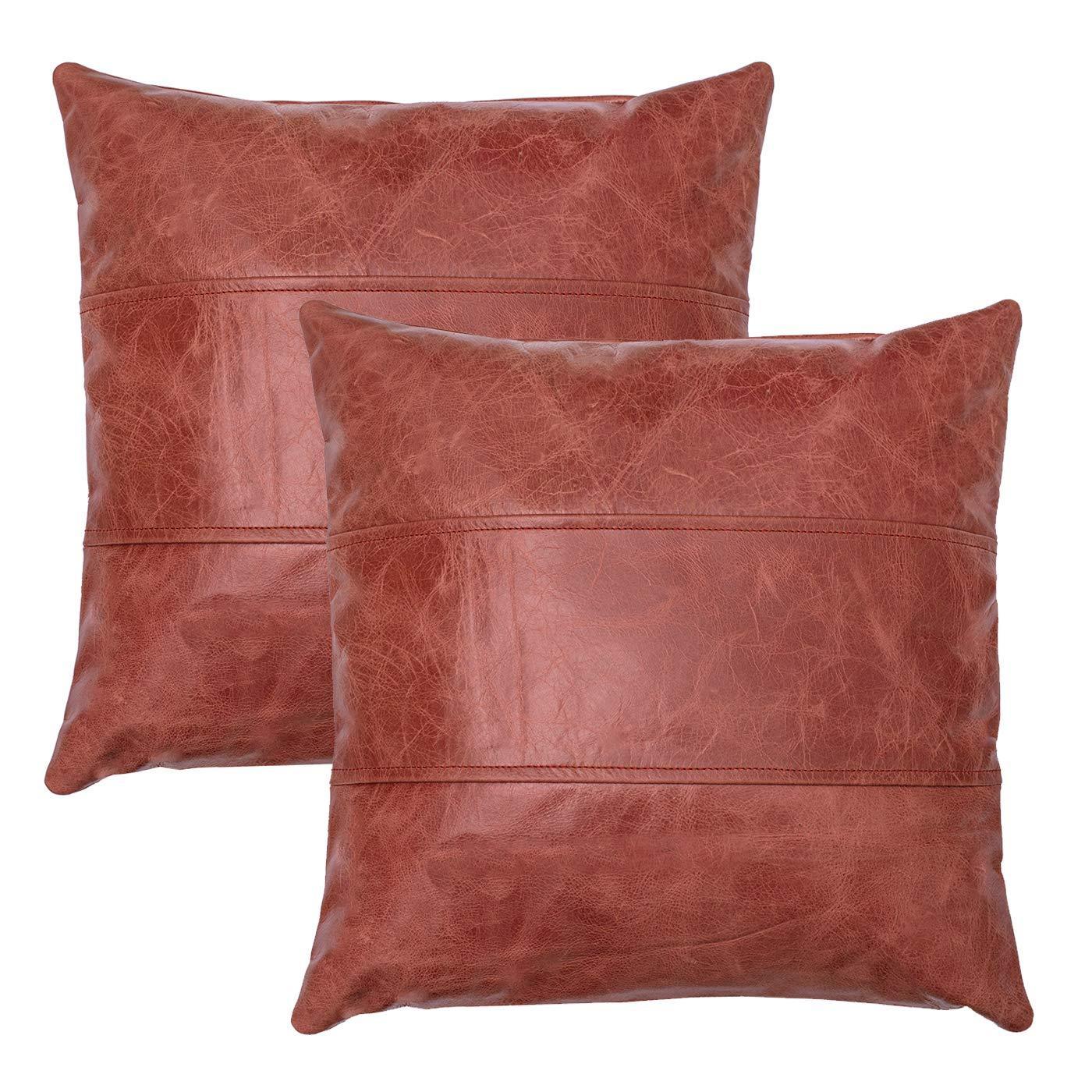 pair of coral pink colour leather sofa cushion covers decor -