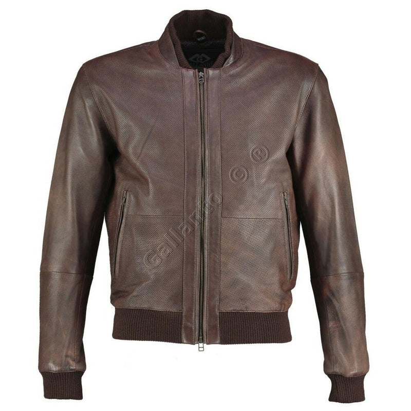 Perforated Brown Bomber Vintage Motorcyle Leather Jacket -
