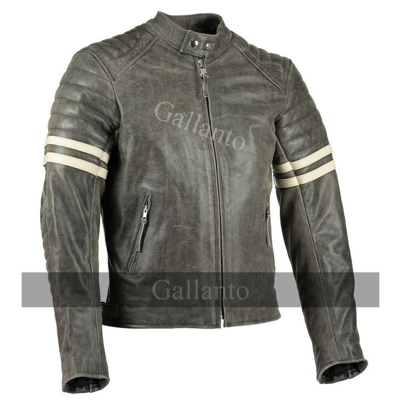 Vintage Fight Club Leather Biker Jacket with white stripes -