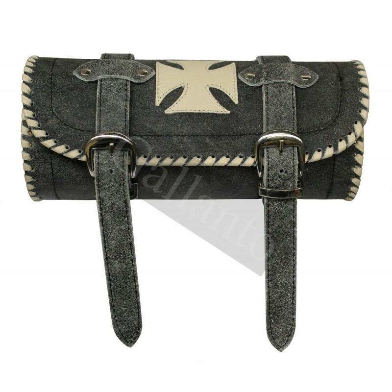 vintage gothic motorcycle leather tool roll bag with creme iron cross -