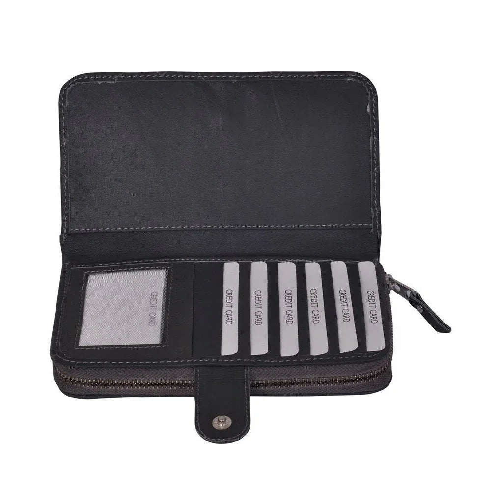 womens zip round black leather purses -