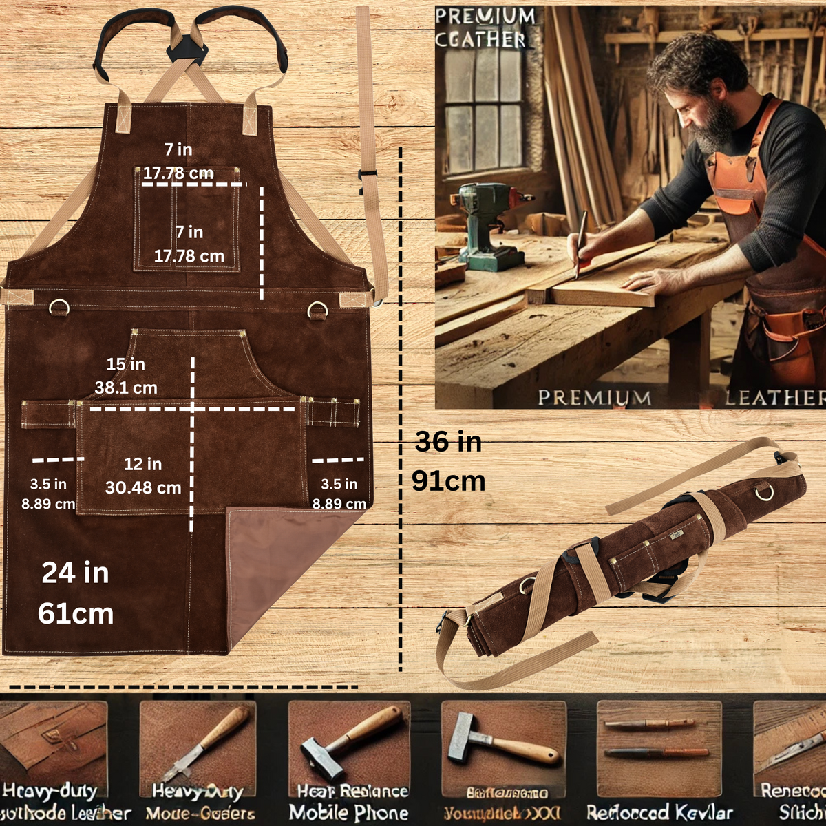 Heavy-duty tool apron made of cowhide leather for woodworking and welding.
