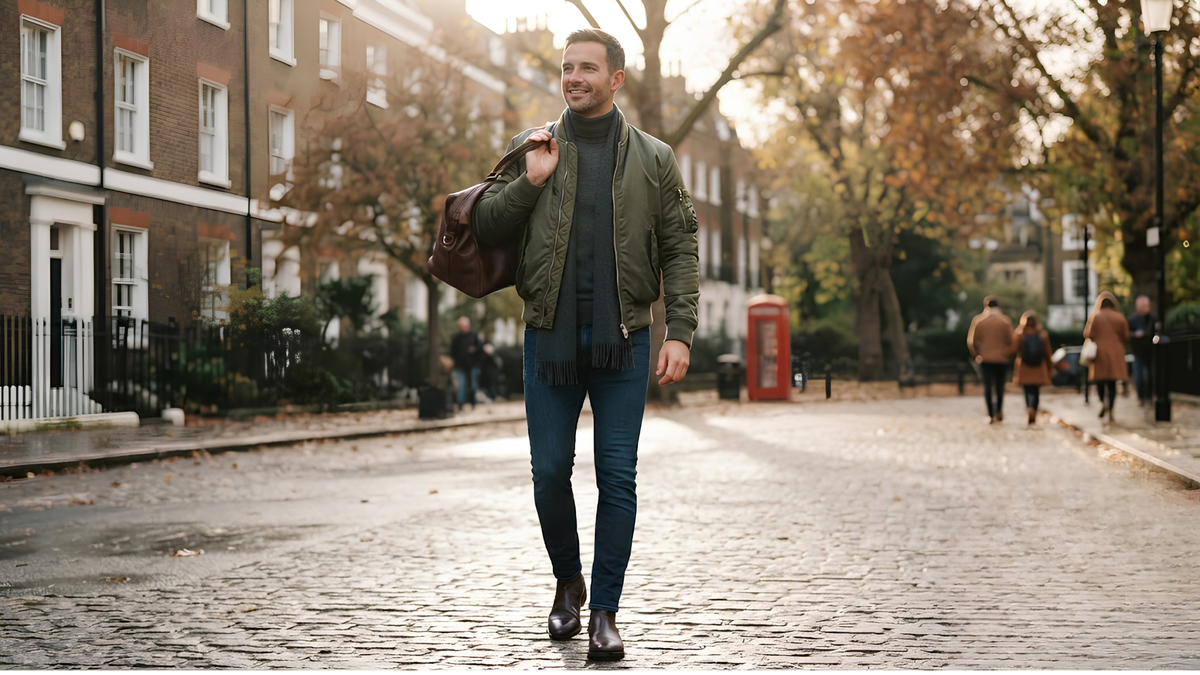 How to style an olive green bomber jacket for men?