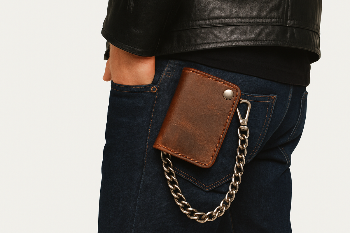 Close-up of a biker wearing a leather chain wallet clipped to belt, showcasing rugged style and functionality on a motorcycle ride.