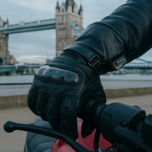 Close-up of a motorcyclist wearing black leather gloves gripping the handlebars of a vintage motorcycle