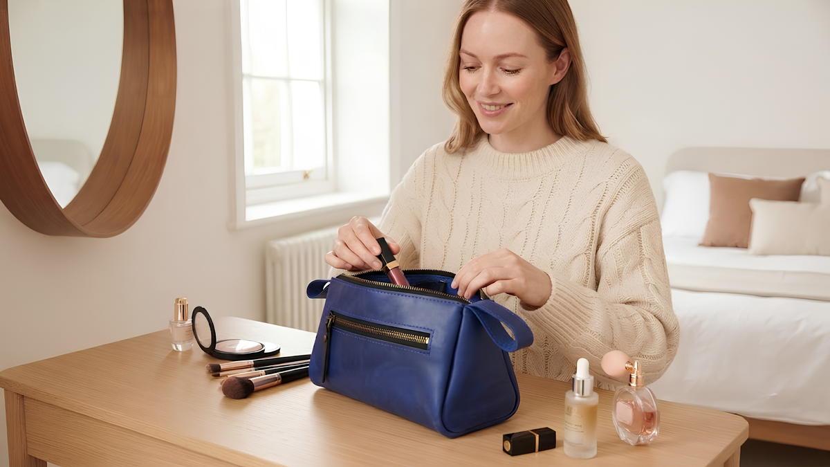 Durable leather cosmetic makeup bag with beauty essentials.