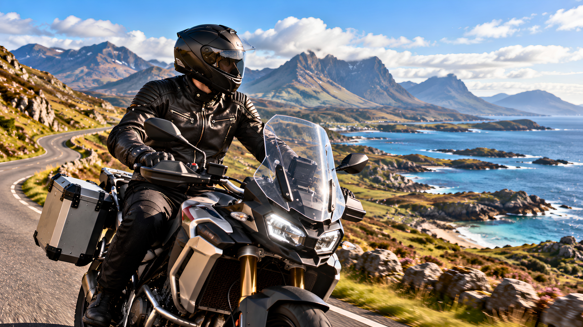 Motorcyclist in a black leather jacket riding an adventure bike along a scenic coastal Highland road with mountains and sea in the background.