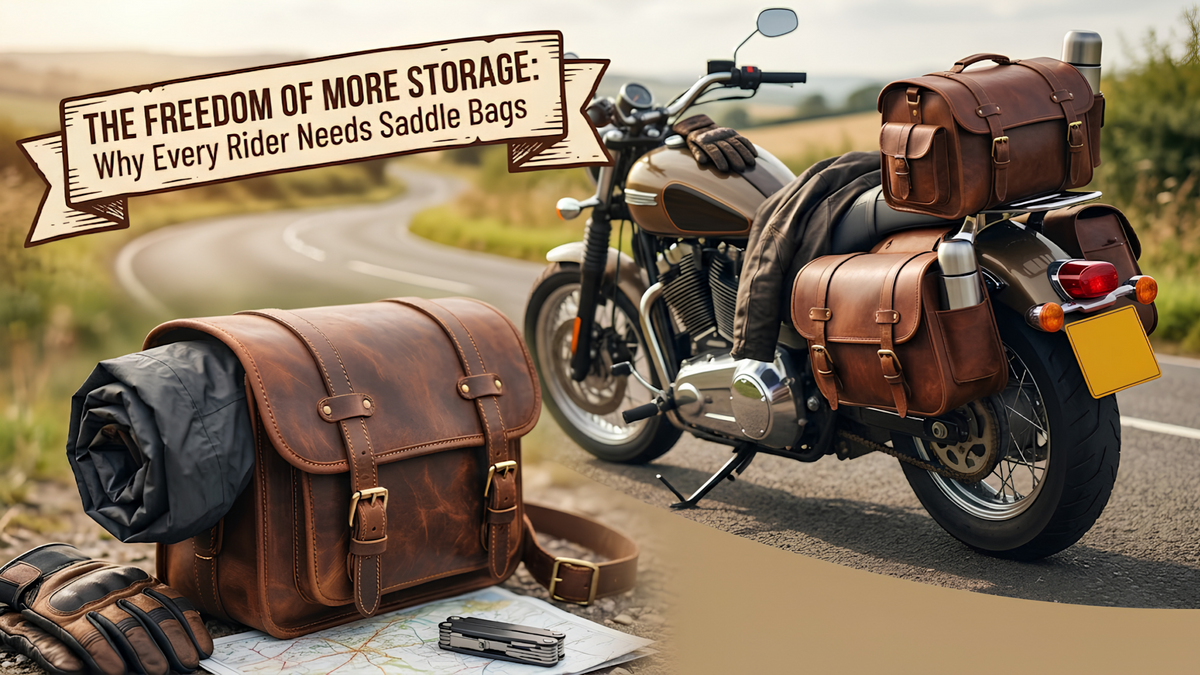 Classic motorcycle fitted with brown leather saddle bags on a country road