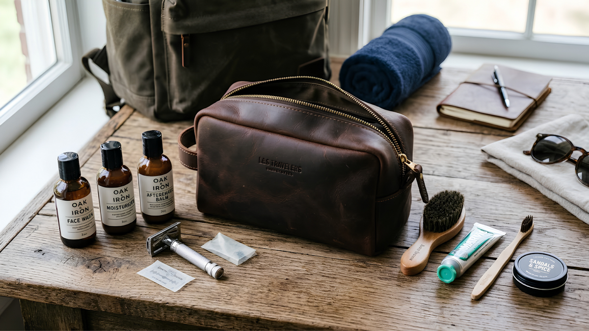 Men’s leather wash bag with grooming essentials packed for a weekend trip