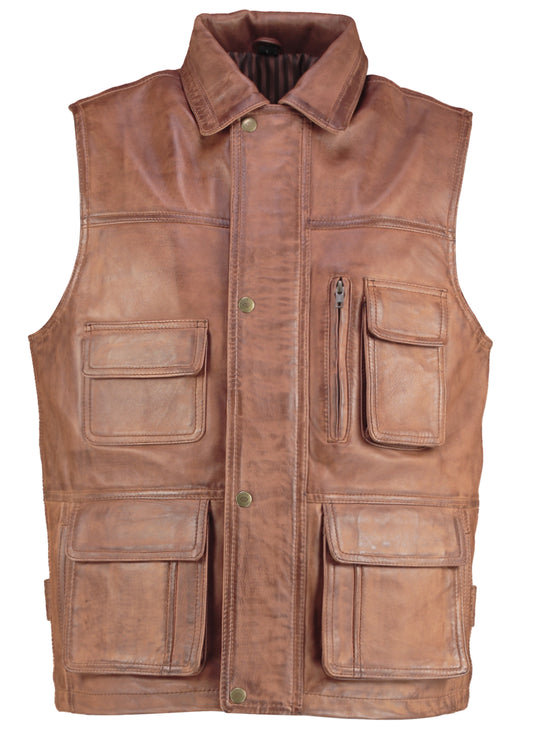 Men's Premium Sheepskin Leather Utility Gilet Vest Multi Pocket Outdoor Waistcoat