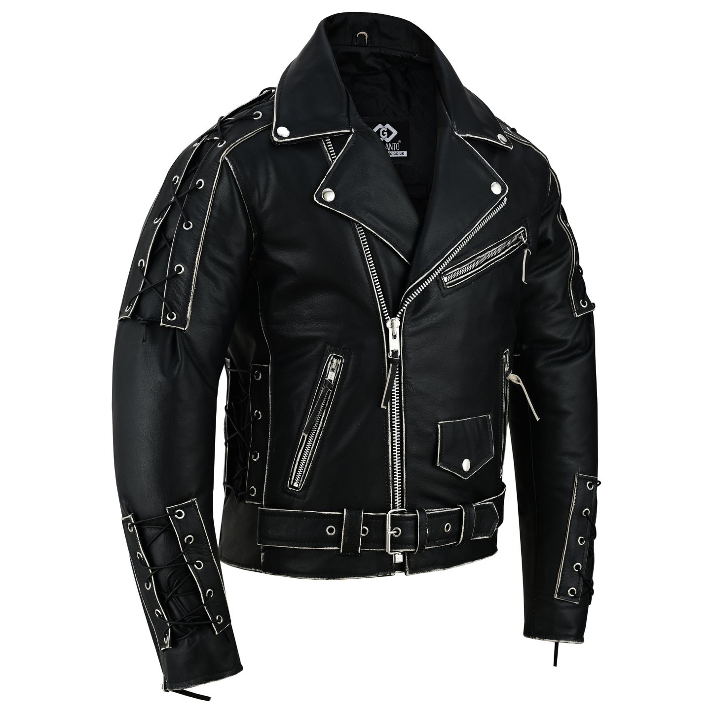 brando style antique rub off lace leather jacket - classic black cowhide biker jacket