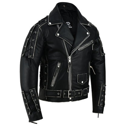 Brando Style Antique Rub Off Lace Leather Jacket - Classic Black Cowhide Biker Jacket