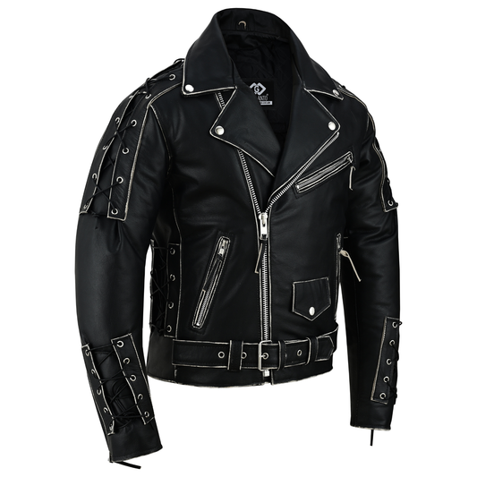 Brando Style Antique Rub Off Lace Leather Jacket - Classic Black Cowhide Biker Jacket
