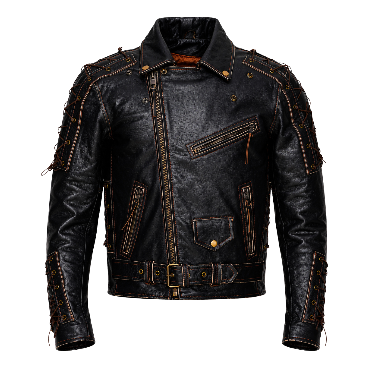 brando style antique rub off lace leather jacket - classic black cowhide biker jacket