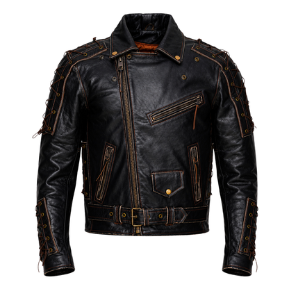 Brando Style Antique Rub Off Lace Leather Jacket - Classic Black Cowhide Biker Jacket