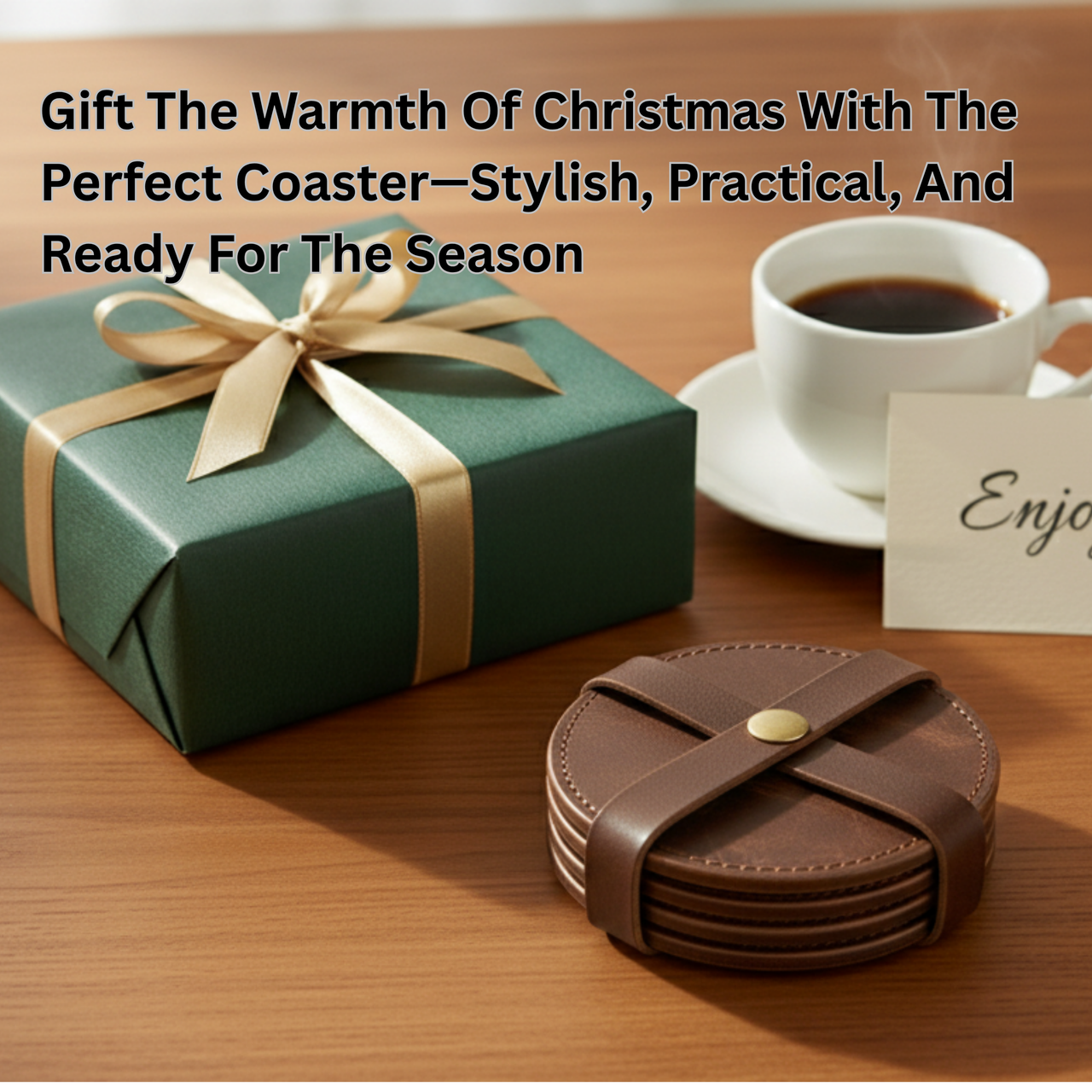 4 Pack Original Leather Coasters Set with Holder – 4 Inch Round Drink Mats