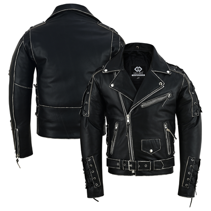 Brando Style Antique Rub Off Lace Leather Jacket - Classic Black Cowhide Biker Jacket