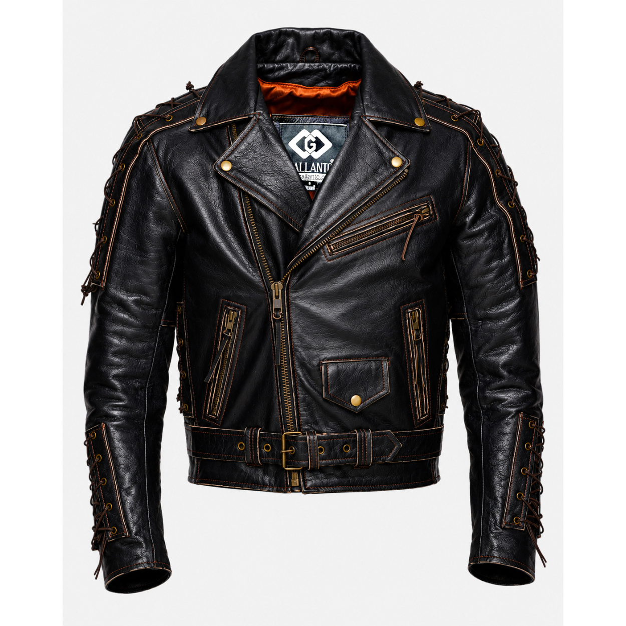 brando style antique rub off lace leather jacket - classic black cowhide biker jacket