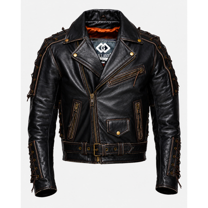 Brando Style Antique Rub Off Lace Leather Jacket - Classic Black Cowhide Biker Jacket