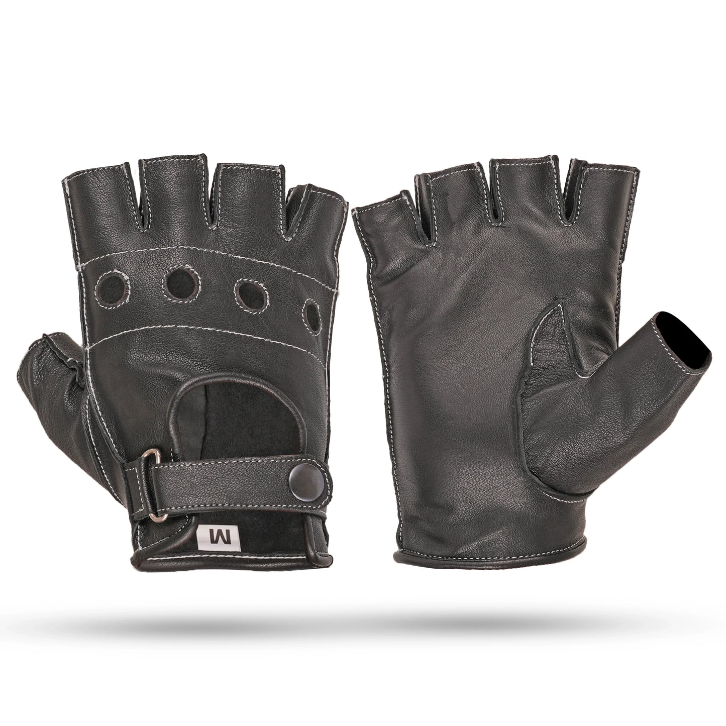 black leather white stitch unlined fingerless gloves