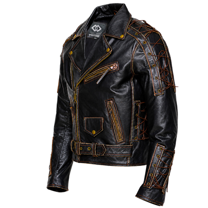Brando Style Antique Rub Off Lace Leather Jacket - Classic Black Cowhide Biker Jacket