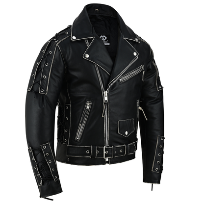 Brando Style Antique Rub Off Lace Leather Jacket - Classic Black Cowhide Biker Jacket