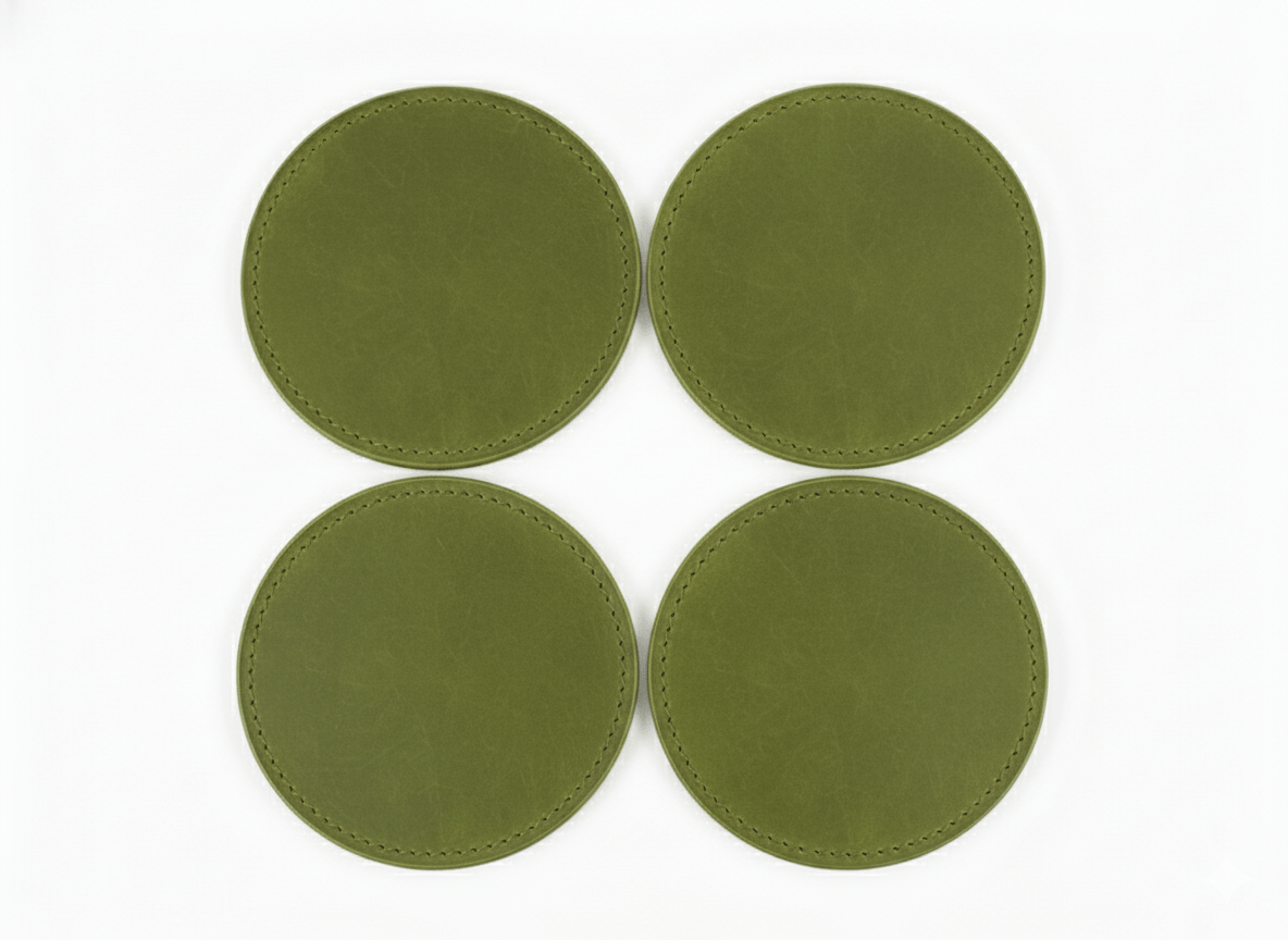 4 Pack Original Leather Coasters Set with Holder – 4 Inch Round Drink Mats - 