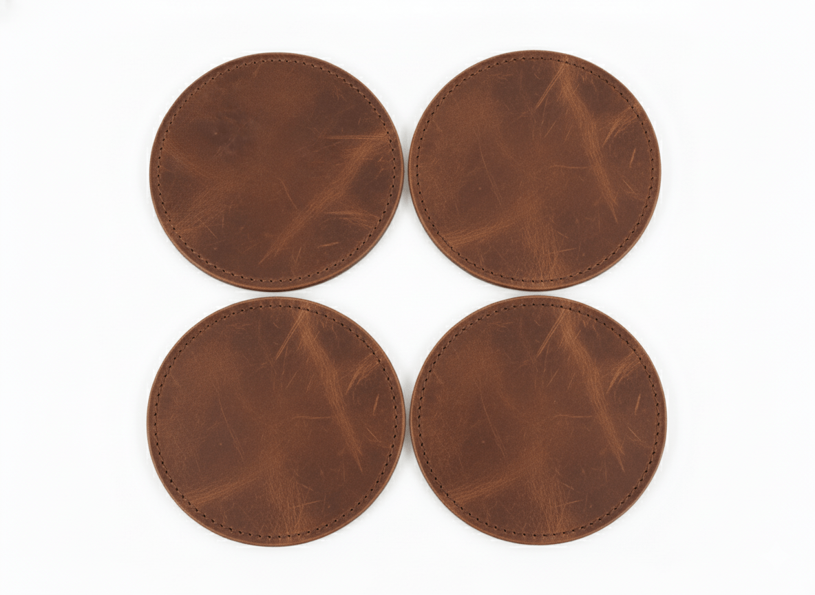 4 Pack Original Leather Coasters Set with Holder – 4 Inch Round Drink Mats - 