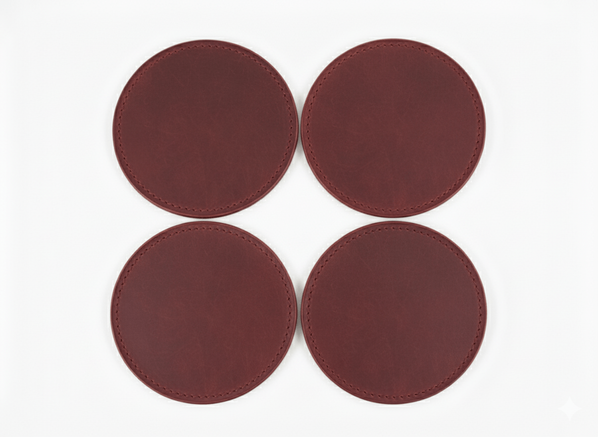 4 Pack Original Leather Coasters Set with Holder – 4 Inch Round Drink Mats - 