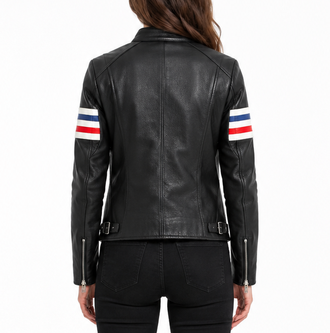 ladies premium leather biker jacket size xs | midnight black edition